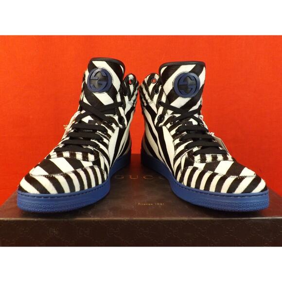 GUCCI 353412 BLACK WHITE STRIPED PONYHAIR HI TOP LACE UP CODA SNEAKERS 7.5 US 8+ - Picture 4 of 9